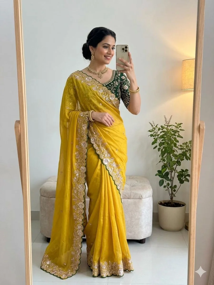 MODERN GEORGETTE SEQUENCE WORK CUT WORK BORDER SAREE WITH UNSTITCHED BLOUSE WEDDING WEAR WHOLESALE PRICE ETHNIC GARMENT (14)