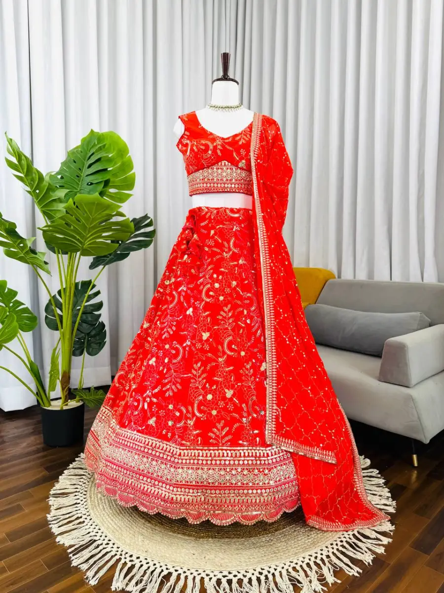 MODERN GEORGETTE THREAD WITH SEQUENCE WORK LEHENGA CHOLI WITH DUPATTA WEDDING WEAR WHOLESALE PRICE ETHNIC GARMENT (1)