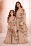 MODERN GMY SILK EMBROIDERY SEQUENCE WORK MOTHER DAUGHTER SET CREAM