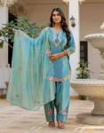 MODERN JAPAN SATIN EMBROIDERY SEQUENCE WORK TOP PATIYALA WITH DUPATTA SKY