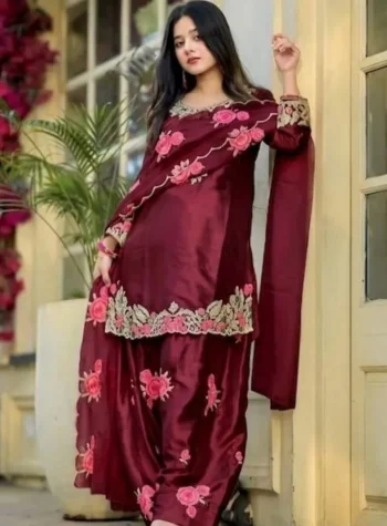 MODERN JAPAN SATIN EMBROIDERY SEQUENCE WORK TOP PATIYALA WITH DUPATTA MAROON
