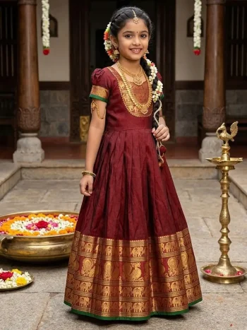 MODERN KANJIVARAM SILK JACQUARD WORK KID'S GOWN MAROON