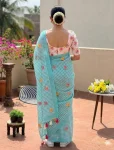 MODERN LINEN COTTON DIGITAL PRINT WITH TASSELS WORK SAREE WITH UNSTITCHED BLOUSE FESTIVE WEAR WHOLESALE PRICE ETHNIC GARMENT (7)