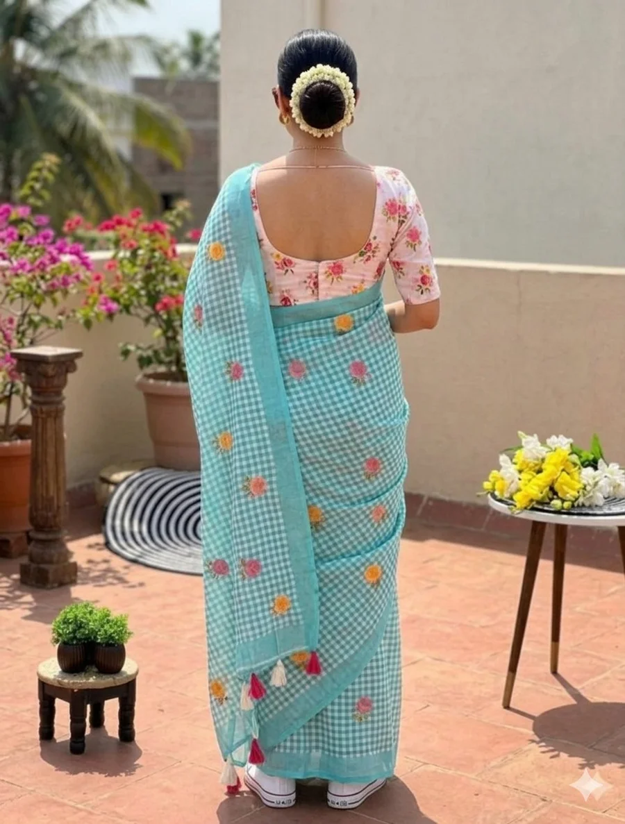 MODERN LINEN COTTON DIGITAL PRINT WITH TASSELS WORK SAREE WITH UNSTITCHED BLOUSE FESTIVE WEAR WHOLESALE PRICE ETHNIC GARMENT (10)