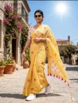MODERN LINEN COTTON DIGITAL PRINT WITH TASSELS WORK SAREE WITH UNSTITCHED BLOUSE FESTIVE WEAR WHOLESALE PRICE ETHNIC GARMENT (15)