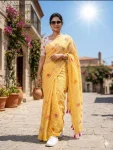 MODERN LINEN COTTON DIGITAL PRINT WITH TASSELS WORK SAREE WITH UNSTITCHED BLOUSE YELLOW