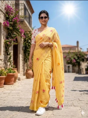MODERN LINEN COTTON DIGITAL PRINT WITH TASSELS WORK SAREE WITH UNSTITCHED BLOUSE YELLOW