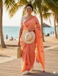 MODERN LINEN COTTON DIGITAL PRINT WITH TASSELS WORK SAREE WITH UNSTITCHED BLOUSE ORANGE