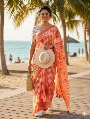 MODERN LINEN COTTON DIGITAL PRINT WITH TASSELS WORK SAREE WITH UNSTITCHED BLOUSE ORANGE