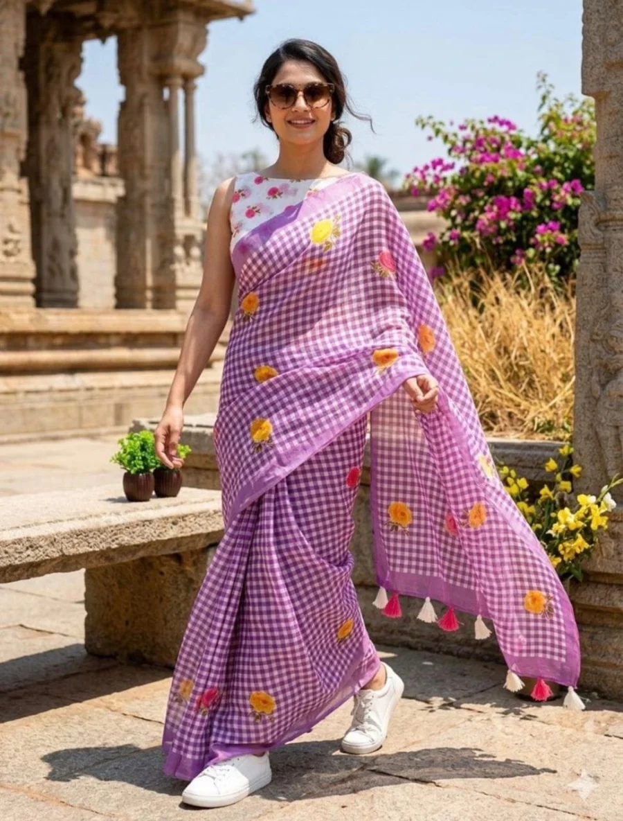 MODERN LINEN COTTON DIGITAL PRINT WITH TASSELS WORK SAREE WITH UNSTITCHED BLOUSE FESTIVE WEAR WHOLESALE PRICE ETHNIC GARMENT (2)