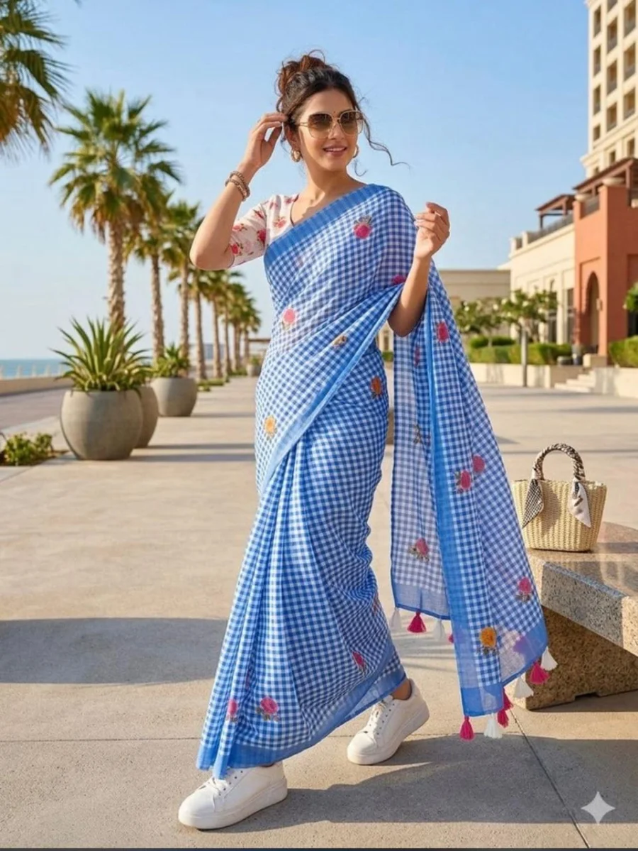 MODERN LINEN COTTON DIGITAL PRINT WITH TASSELS WORK SAREE WITH UNSTITCHED BLOUSE FESTIVE WEAR WHOLESALE PRICE ETHNIC GARMENT (21)