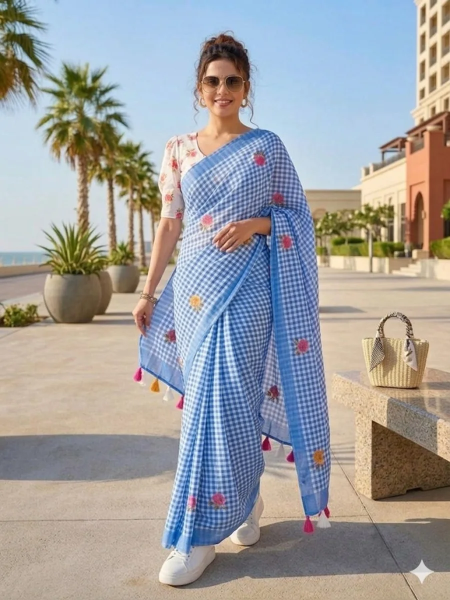 MODERN LINEN COTTON DIGITAL PRINT WITH TASSELS WORK SAREE WITH UNSTITCHED BLOUSE FESTIVE WEAR WHOLESALE PRICE ETHNIC GARMENT (22)