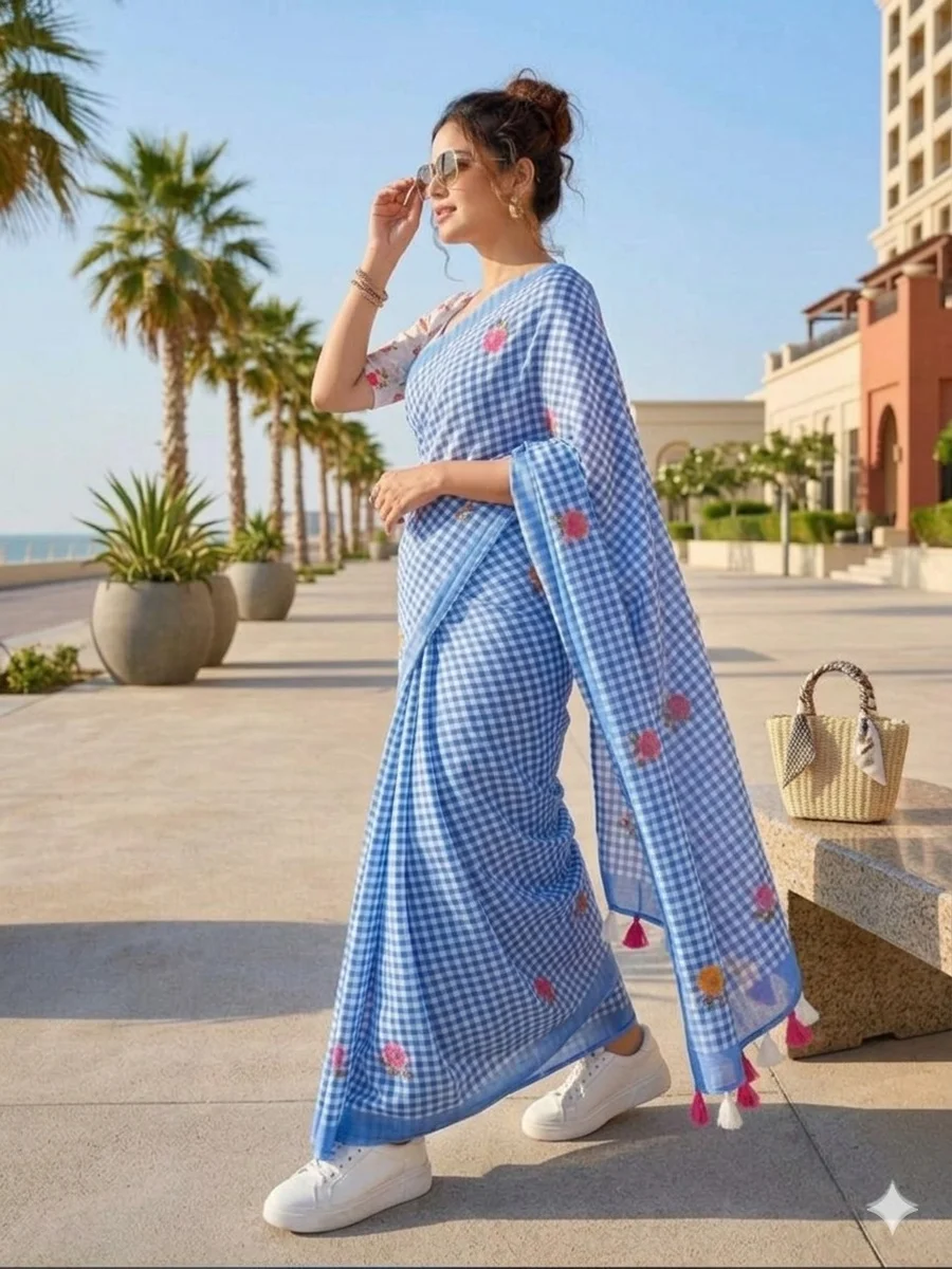 MODERN LINEN COTTON DIGITAL PRINT WITH TASSELS WORK SAREE WITH UNSTITCHED BLOUSE FESTIVE WEAR WHOLESALE PRICE ETHNIC GARMENT (23)