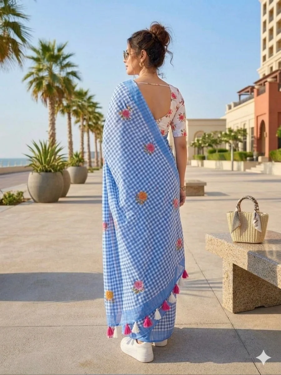 MODERN LINEN COTTON DIGITAL PRINT WITH TASSELS WORK SAREE WITH UNSTITCHED BLOUSE FESTIVE WEAR WHOLESALE PRICE ETHNIC GARMENT (24)