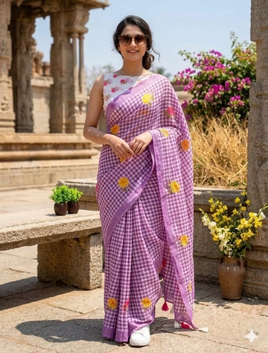 MODERN LINEN COTTON DIGITAL PRINT WITH TASSELS WORK SAREE WITH UNSTITCHED BLOUSE FESTIVE WEAR WHOLESALE PRICE ETHNIC GARMENT (3)