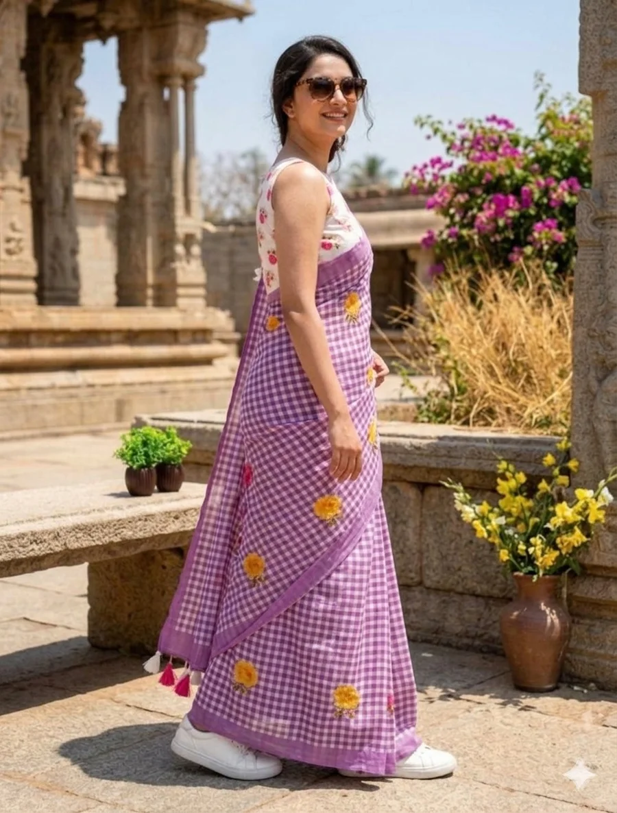 MODERN LINEN COTTON DIGITAL PRINT WITH TASSELS WORK SAREE WITH UNSTITCHED BLOUSE FESTIVE WEAR WHOLESALE PRICE ETHNIC GARMENT (4)