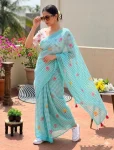 MODERN LINEN COTTON DIGITAL PRINT WITH TASSELS WORK SAREE WITH UNSTITCHED BLOUSE FESTIVE WEAR WHOLESALE PRICE ETHNIC GARMENT (7)