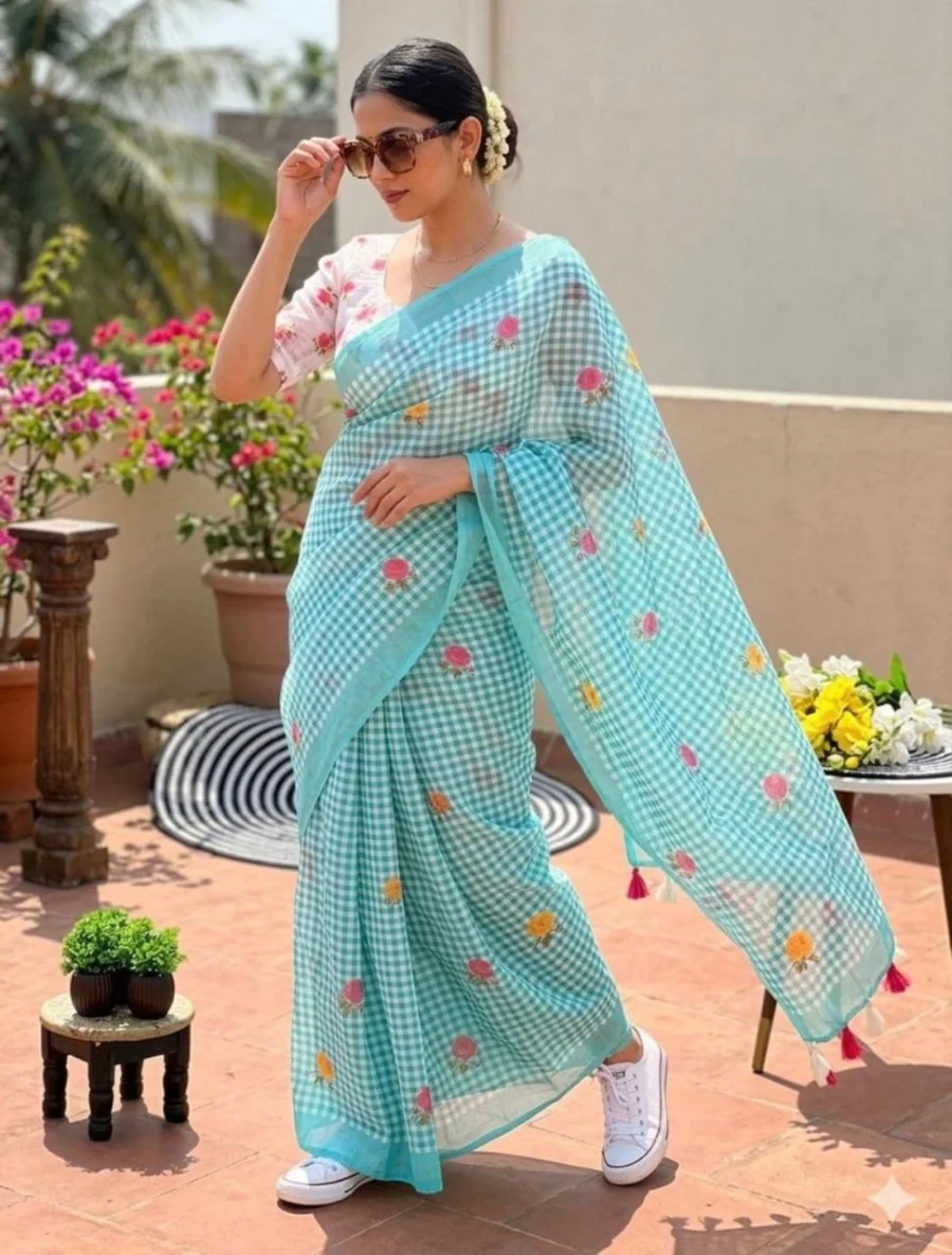 MODERN LINEN COTTON DIGITAL PRINT WITH TASSELS WORK SAREE WITH UNSTITCHED BLOUSE FESTIVE WEAR WHOLESALE PRICE ETHNIC GARMENT (6)