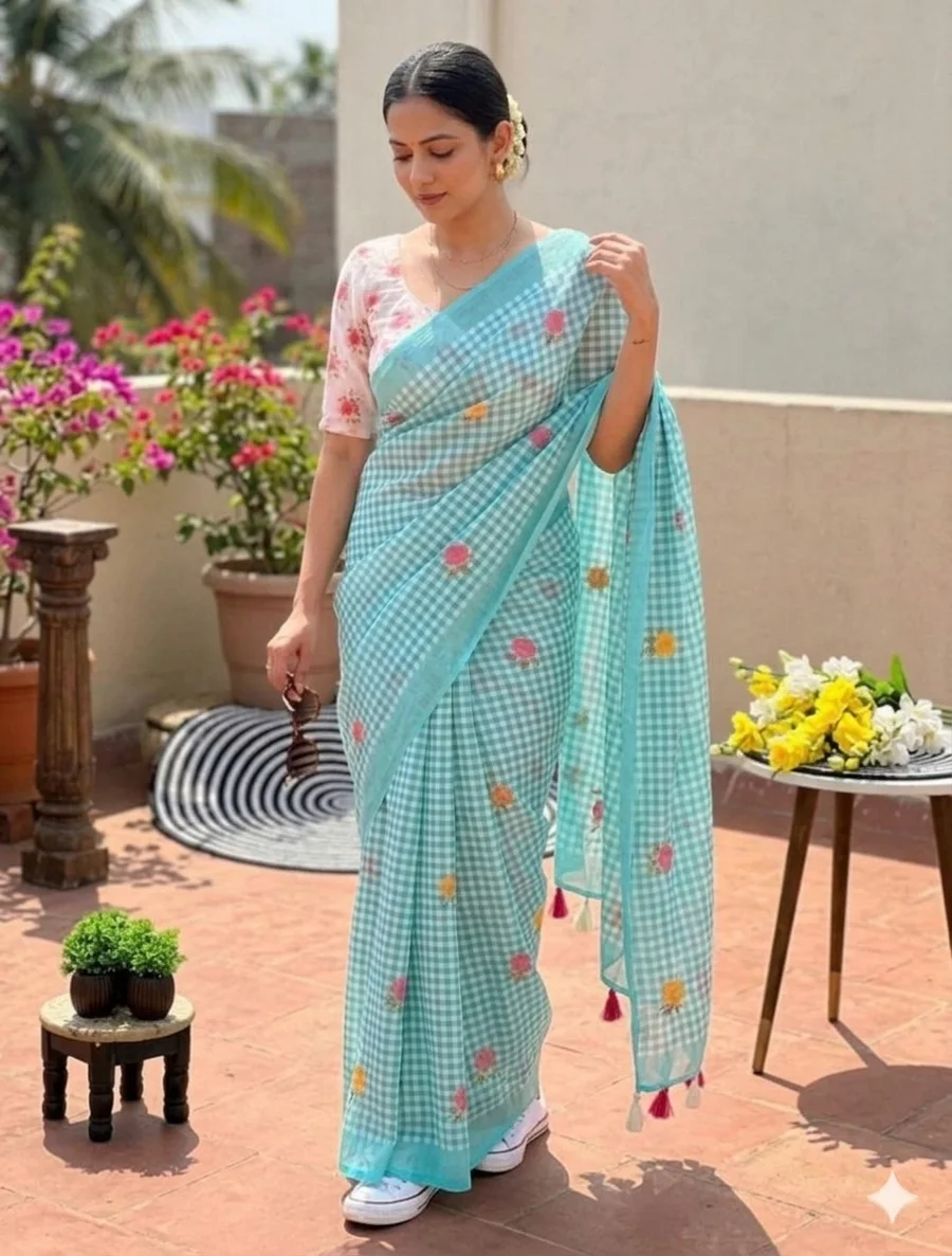 MODERN LINEN COTTON DIGITAL PRINT WITH TASSELS WORK SAREE WITH UNSTITCHED BLOUSE FESTIVE WEAR WHOLESALE PRICE ETHNIC GARMENT (7)
