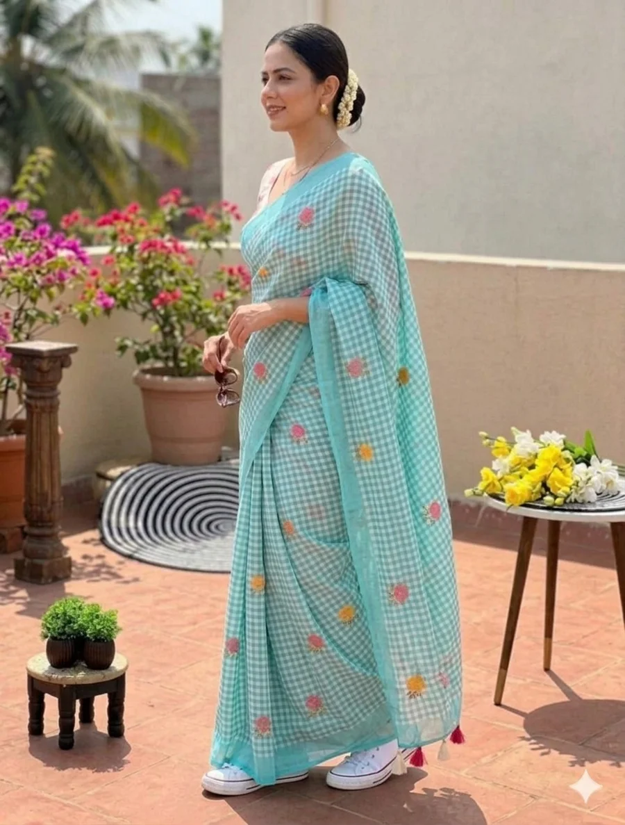 MODERN LINEN COTTON DIGITAL PRINT WITH TASSELS WORK SAREE WITH UNSTITCHED BLOUSE FESTIVE WEAR WHOLESALE PRICE ETHNIC GARMENT (8)