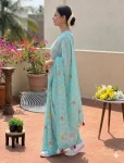 MODERN LINEN COTTON DIGITAL PRINT WITH TASSELS WORK SAREE WITH UNSTITCHED BLOUSE FESTIVE WEAR WHOLESALE PRICE ETHNIC GARMENT (7)