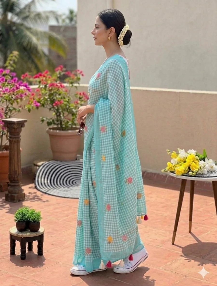 MODERN LINEN COTTON DIGITAL PRINT WITH TASSELS WORK SAREE WITH UNSTITCHED BLOUSE FESTIVE WEAR WHOLESALE PRICE ETHNIC GARMENT (9)