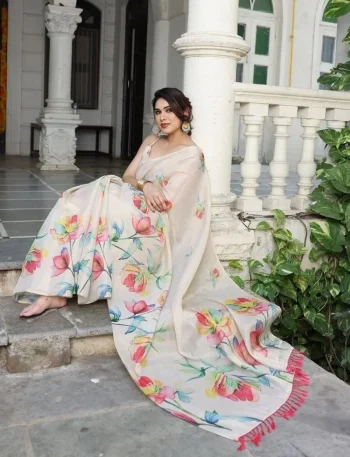 MODERN LINEN TISSUE SILK FLORAL PRINT WORK SAREE WITH UNSTITCHED BLOUSE CREAM