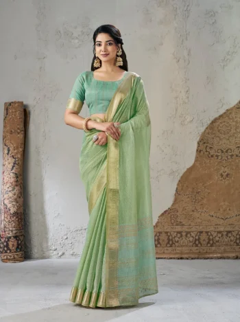 MODERN LINENE COTTON SILK GOLD ZARI AND SELF DESIGN WORK SAREE WITH UNSTITCHED BLOUSE MINT