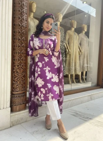 MODERN MAGIC COTTON THREAD & 5 MM SEQUENCE EMBROIDERY WORK TOP BOTTOM WITH DUPATTA PURPLE