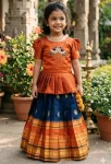 MODERN MONO HAND WORK KID'S TOP LEHENGA ORANGE AND BLUE