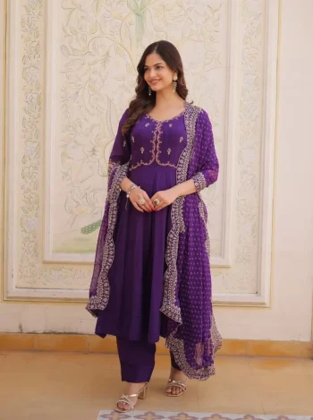 MODERN MUL CHANDERI BEADS THREAD EMBROIDERED WORK TOP BOTTOM WITH DUPATTA PURPLE
