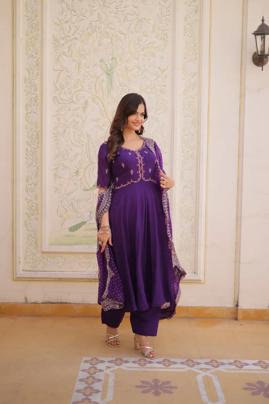 MODERN MUL CHANDERI BEADS THREAD EMBROIDERED WORK TOP BOTTOM WITH DUPATTA FESTIVE WEAR WHOLESALE PRICE ETHNIC GARMENT (9)