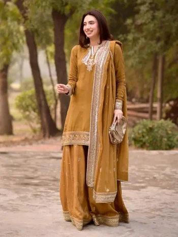 MODERN MUL CHANDERI THREAD WITH SEQUENCE WORK TOP PALAZZO WITH DUPATTA YELLOW