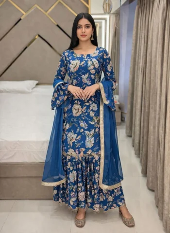 MODERN MUSLIN COTTON FLORAL DIGITAL PRINT & STONE WITH FANCY LATKAN LACE WORK TOP SHARARA WITH DUPATTA TEAL