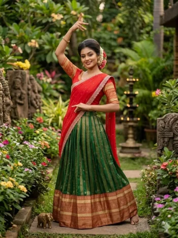 MODERN RANGOLI SILK EMBROIDERY WORK LEHENGA CHOLI WITH DUPATTA GREEN AND RED
