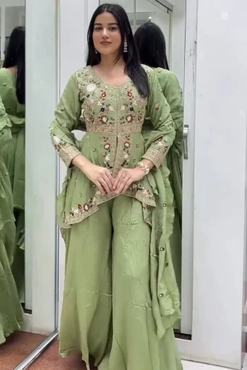 MODERN RANGOLI SILK SEQUENCE EMBROIDERY WORK TOP PALAZZO WITH DUPATTA PISTA