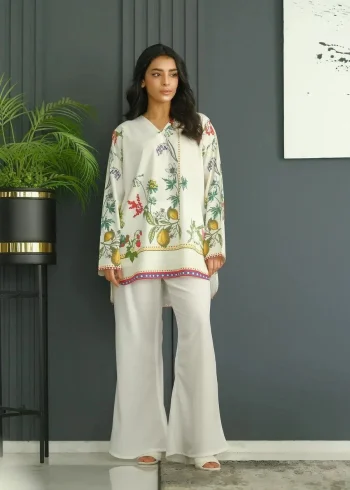 MODERN RAYON COTTON DIGITAL PRINT WORK CO-ORD SET OFF WHITE