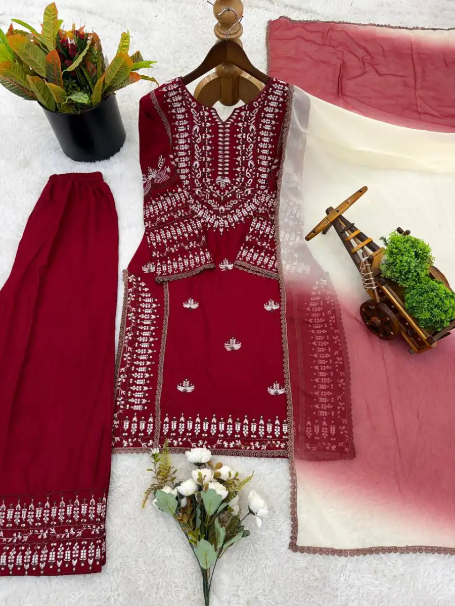 MODERN RAYON COTTON EMBROIDERY THREAD WORK TOP PALAZZO WITH DUPATTA FESTIVE WEAR WHOLESALE PRICE ETHNIC GARMENT (1)