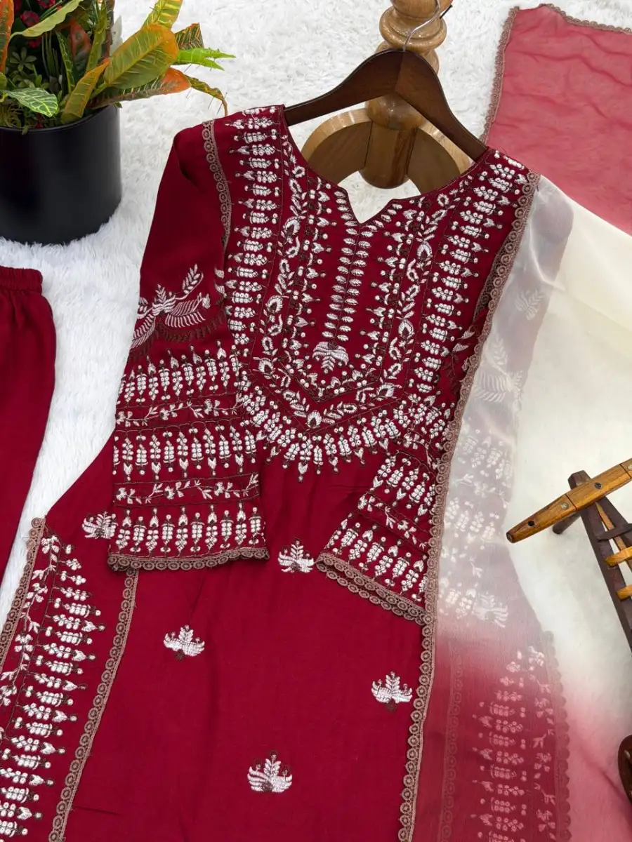 MODERN RAYON COTTON EMBROIDERY THREAD WORK TOP PALAZZO WITH DUPATTA FESTIVE WEAR WHOLESALE PRICE ETHNIC GARMENT (16)