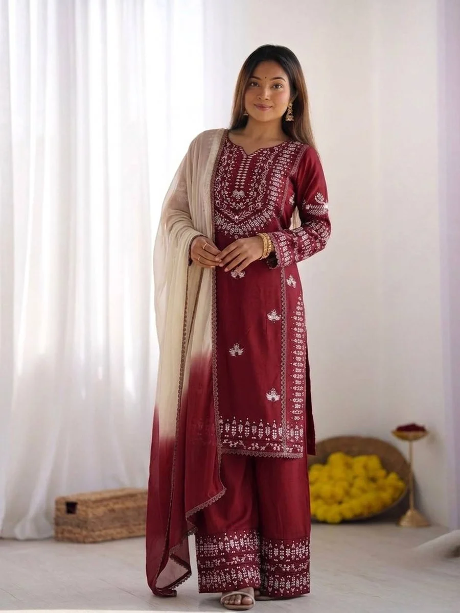 MODERN RAYON COTTON EMBROIDERY THREAD WORK TOP PALAZZO WITH DUPATTA FESTIVE WEAR WHOLESALE PRICE ETHNIC GARMENT (6)