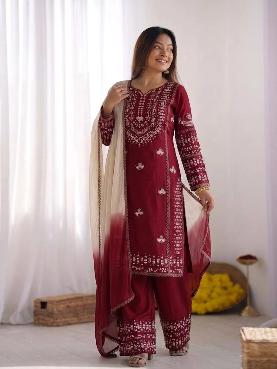 MODERN RAYON COTTON EMBROIDERY THREAD WORK TOP PALAZZO WITH DUPATTA FESTIVE WEAR WHOLESALE PRICE ETHNIC GARMENT (7)