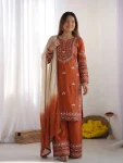 MODERN RAYON COTTON EMBROIDERY THREAD WORK TOP PALAZZO WITH DUPATTA ORANGE
