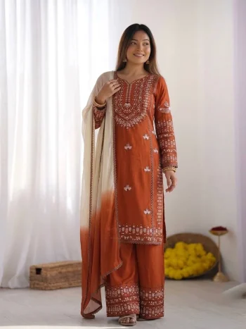 MODERN RAYON COTTON EMBROIDERY THREAD WORK TOP PALAZZO WITH DUPATTA ORANGE