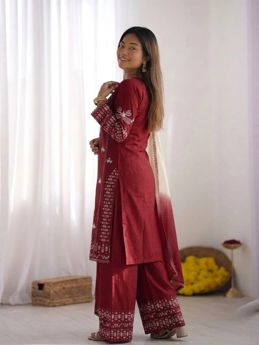 MODERN RAYON COTTON EMBROIDERY THREAD WORK TOP PALAZZO WITH DUPATTA FESTIVE WEAR WHOLESALE PRICE ETHNIC GARMENT (9)
