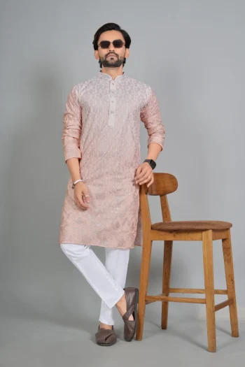MODERN RAYON DIGITAL PRINT  WORK MEN'S KURTA PAYJAMA PEACH