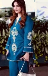 MODERN RAYON EMBROIDERY THREAD WORK CO-ORD SET BLUE