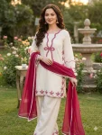 MODERN RAYON EMBROIDERY WORK TOP PALAZZO WITH DUPATTA OFF WHITE AND PINK