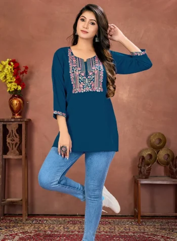 MODERN RINKAL COTTO3 EMBROIDERY WORK ONLY TOP TEAL