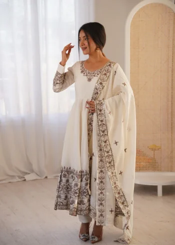 MODERN ROMAN SILK EMBROIDERY SEQUENCE WORK GOWN BOTTOM WITH DUPATTA WHITE