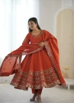 MODERN ROMAN SILK EMBROIDERY SEQUENCE WORK GOWN BOTTOM WITH DUPATTA ORANGE